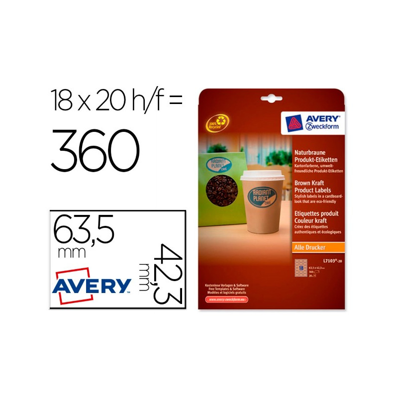 ETIQUETA ADHESIVA AVERY KRAFT EFECTO CARTON OVALADA 63,5X42,3 MM REMOVIBLE LASER INK-JET CAJA DE 320