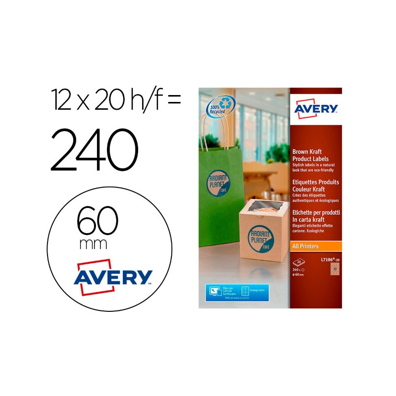 ETIQUETA ADHESIVA AVERY KRAFT EFECTO CARTON REDONDA 60 MM REMOVIBLE PARA LASER INK-JET CAJA DE 300 U