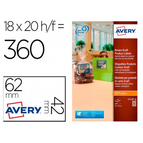 ETIQUETA ADHESIVA AVERY KRAFT EFECTO CARTON RECTANGULAR 62X42 MM REMOVIBLE PARA LASER INK-JET CAJA D