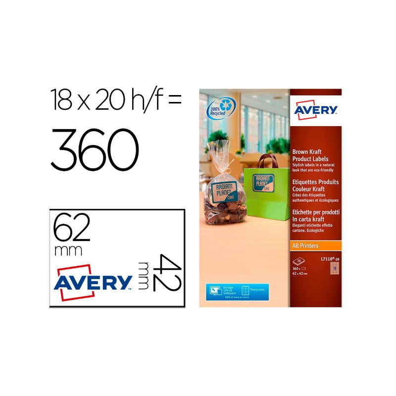 ETIQUETA ADHESIVA AVERY KRAFT EFECTO CARTON RECTANGULAR 62X42 MM REMOVIBLE PARA LASER INK-JET CAJA D