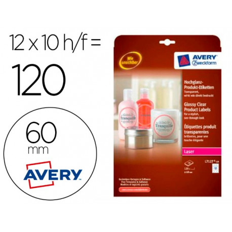 ETIQUETA ADHESIVA AVERY BRILLANTE INVISIBLE REDONDA PARA IMPRESORA LASER 60 MM CAJA DE 120