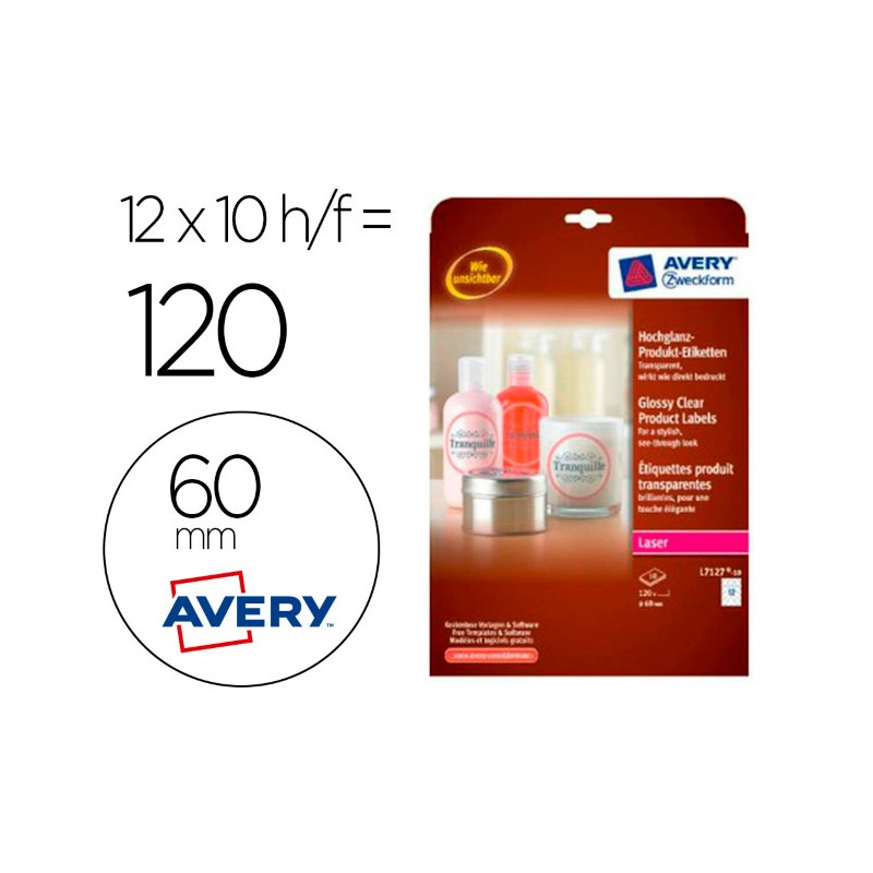 ETIQUETA ADHESIVA AVERY BRILLANTE INVISIBLE REDONDA PARA IMPRESORA LASER 60 MM CAJA DE 120