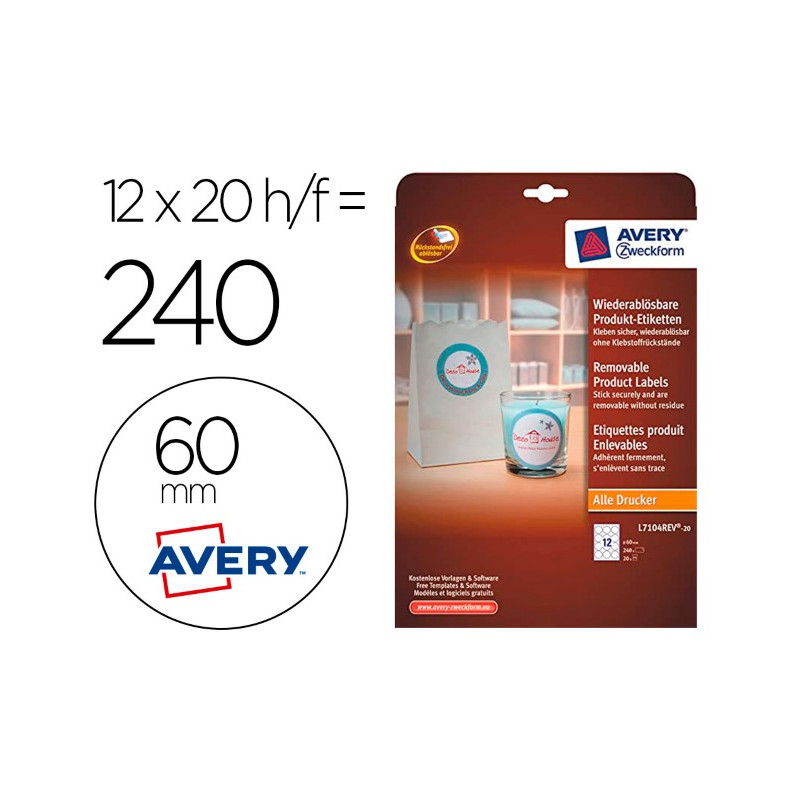 ETIQUETA ADHESIVA AVERY BLANCA REDONDA REMOVIBLE PARA LASER INK-JET FOTOCOPIADORA 60 MM CAJA DE 240 