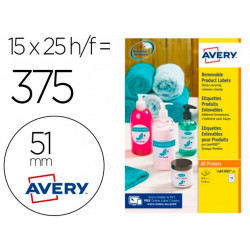 ETIQUETA ADHESIVA AVERY BLANCA REDONDA REMOVIBLE PARA LASER INK-JET FOTOCOPIADORA 51 MM CAJA DE 375 