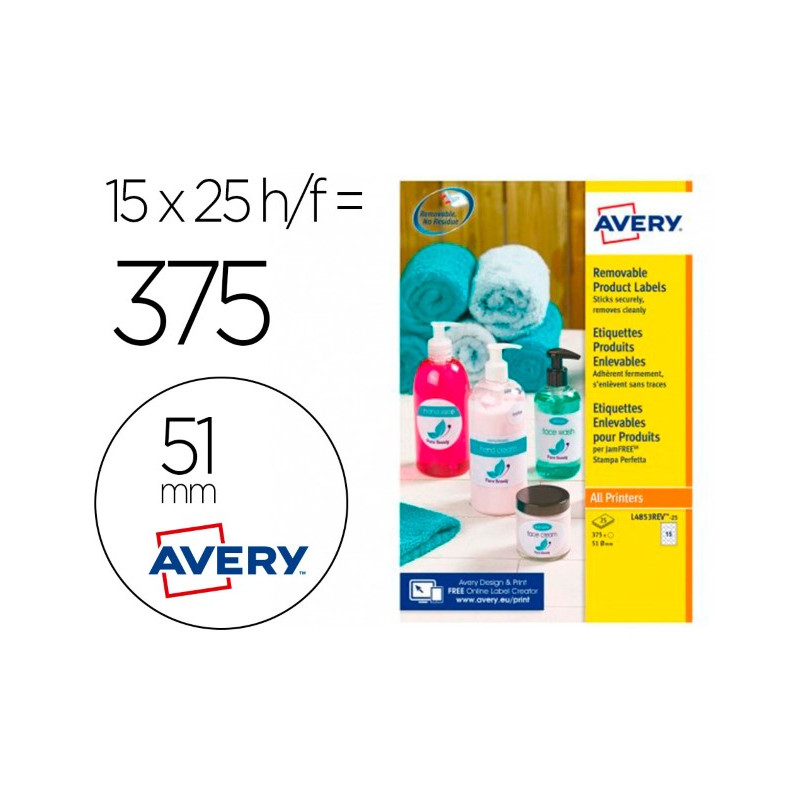 ETIQUETA ADHESIVA AVERY BLANCA REDONDA REMOVIBLE PARA LASER INK-JET FOTOCOPIADORA 51 MM CAJA DE 375 