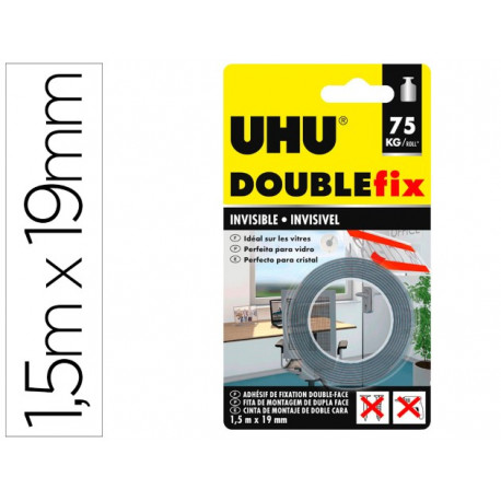 CINTA ADHESIVA UHU DOUBLEFIX INVISIBLE DOBLE CARA EXTRA FUERTE 1,5 MT X 19 MM