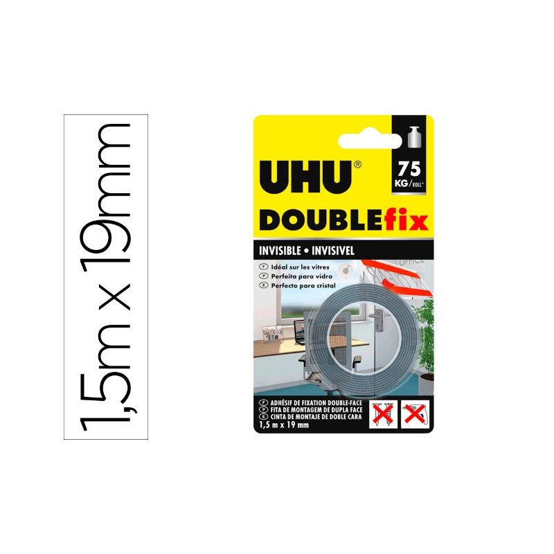 CINTA ADHESIVA UHU DOUBLEFIX INVISIBLE DOBLE CARA EXTRA FUERTE 1,5 MT X 19 MM