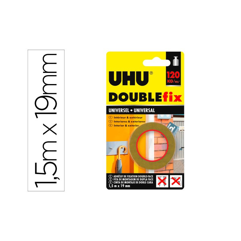 CINTA ADHESIVA UHU DOUBLEFIX MARRON DOBLE CARA EXTRA FUERTE 1,5 MT X 19 MM