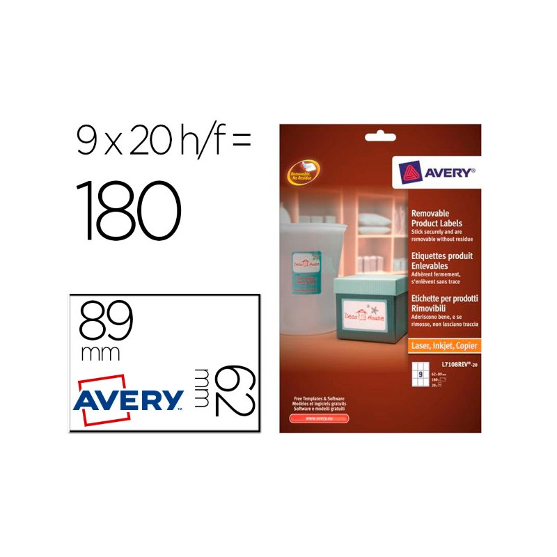 ETIQUETA ADHESIVA AVERY REMOVIBLE PARA IMPRESORA LASER INYECCION TINTA FOTOCOPIADORA BLANCA 62X89 MM