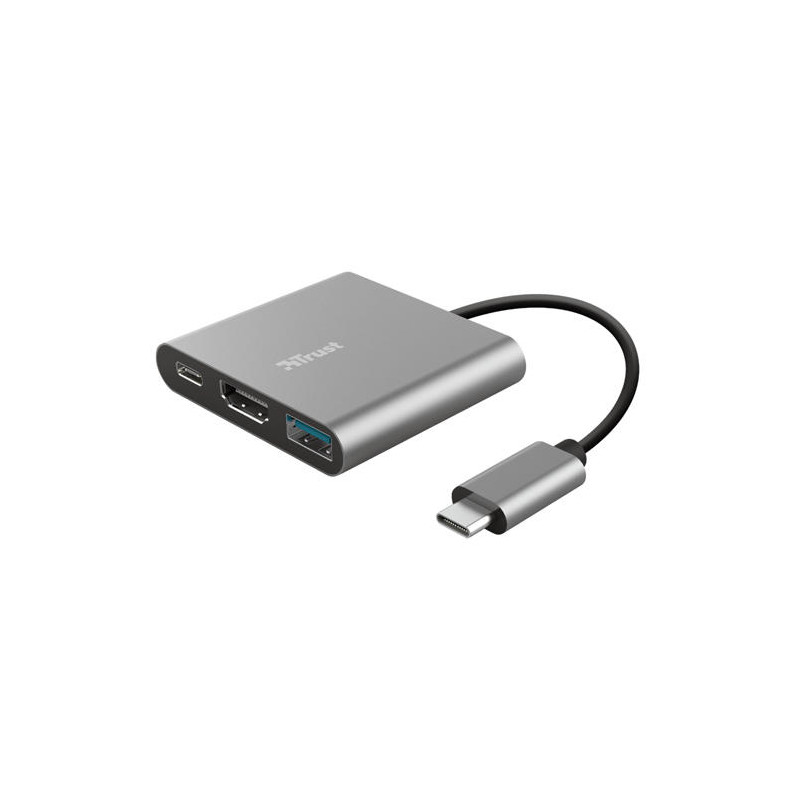 ADAPTADOR TRUST DALYX 3 EN 1 MULTIPUERTO USB-C / USB-A USB-C HDMI 2.0 COLOR ALUMINIO