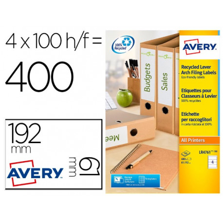 ETIQUETA ADHESIVA AVERY PAPEL BLANCO RECICLADO PARA ARCHIVADOR 192X61 MM LASER PACK DE 400 ETIQUETAS