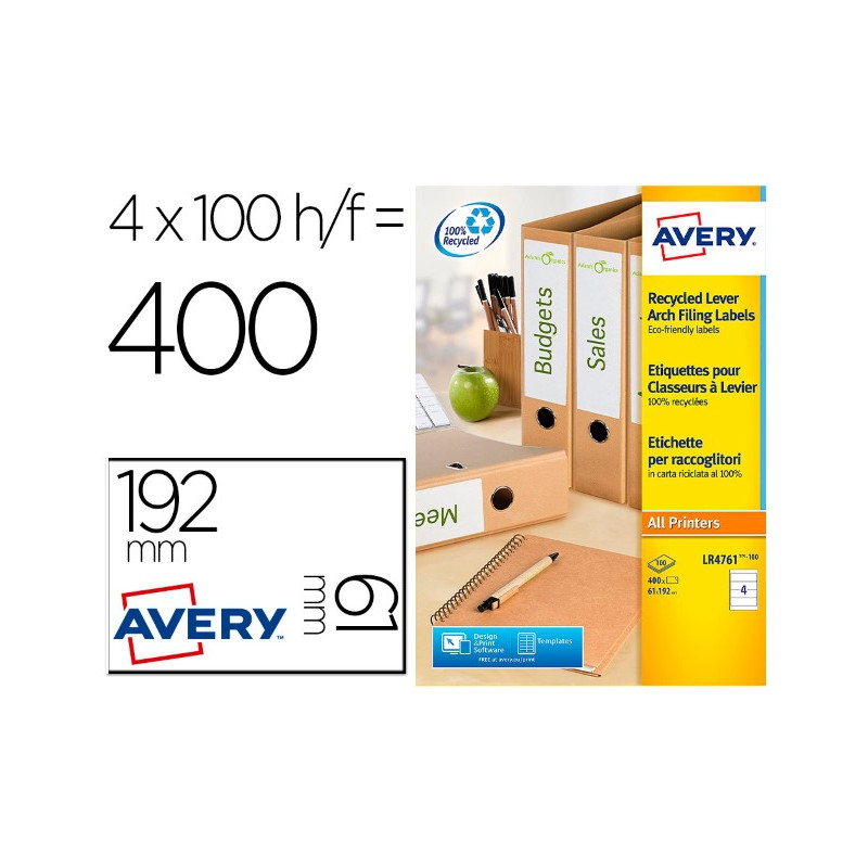 ETIQUETA ADHESIVA AVERY PAPEL BLANCO RECICLADO PARA ARCHIVADOR 192X61 MM LASER PACK DE 400 ETIQUETAS