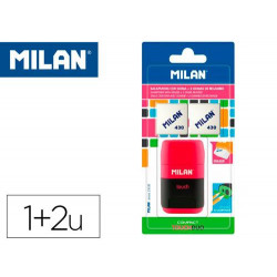 SACAPUNTAS MILAN COMPACT TOUCH DUO PLASTICO 2 USOS CON GOMA + 2 RECAMBIOS DE GOMA EN BLISTER