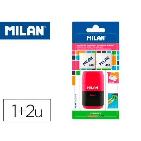 SACAPUNTAS MILAN COMPACT TOUCH DUO PLASTICO 2 USOS CON GOMA + 2 RECAMBIOS DE GOMA EN BLISTER