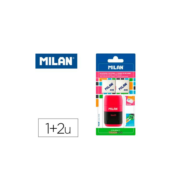 SACAPUNTAS MILAN COMPACT TOUCH DUO PLASTICO 2 USOS CON GOMA + 2 RECAMBIOS DE GOMA EN BLISTER