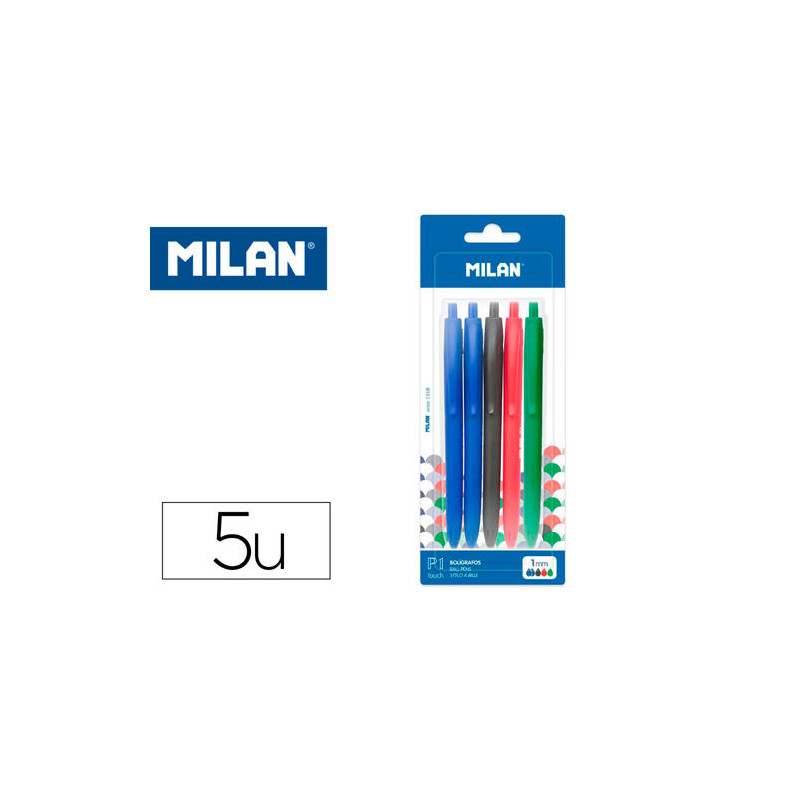 BOLIGRAFO MILAN P1 RETRACTIL 1 MM TOUCH BLISTER DE 5 UNIDADES COLORES SURTIDOS