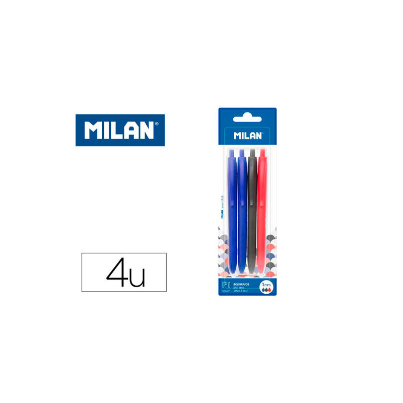 BOLIGRAFO MILAN P1 RETRACTIL 1 MM TOUCH BLISTER DE 4 UNIDADES COLORES SURTIDOS