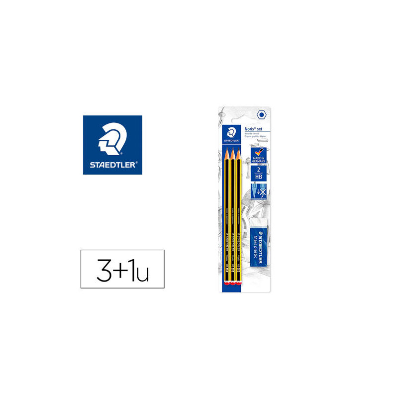 LAPICES DE GRAFITO STAEDTLER NORIS N 2 HB BLISTER DE 3 UNIDADES + 1 GOMA DE BORRAR MARS PLASTIC