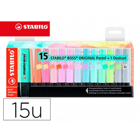 ROTULADOR STABILO BOSS FLUORESCENTE 70 PASTEL DESKSET ESTUCHE DE 15 UNIDADES COLORES SURTIDOS