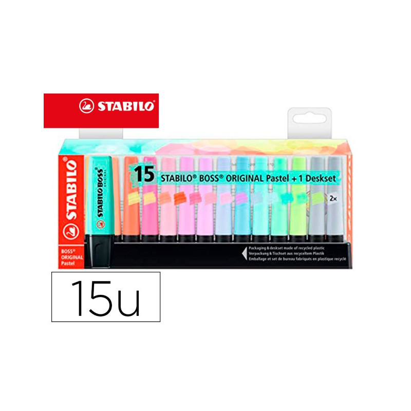 ROTULADOR STABILO BOSS FLUORESCENTE 70 PASTEL DESKSET ESTUCHE DE 15 UNIDADES COLORES SURTIDOS