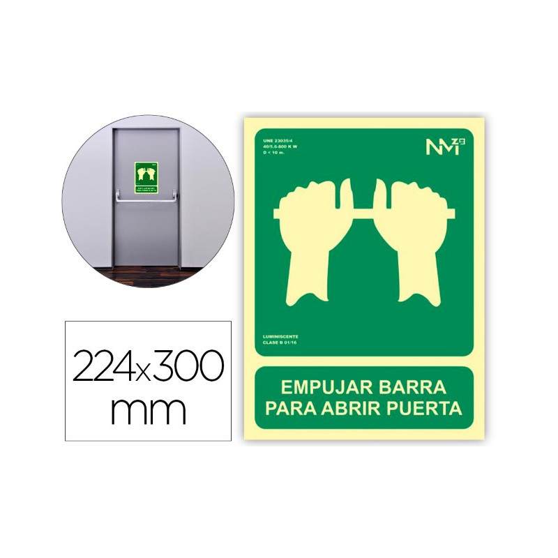 PICTOGRAMA ARCHIVO 2000 EMPUJAR BARRA PARA ABRIR PUERTA PVC VERDE LUMINISCENTE 224X300 MM