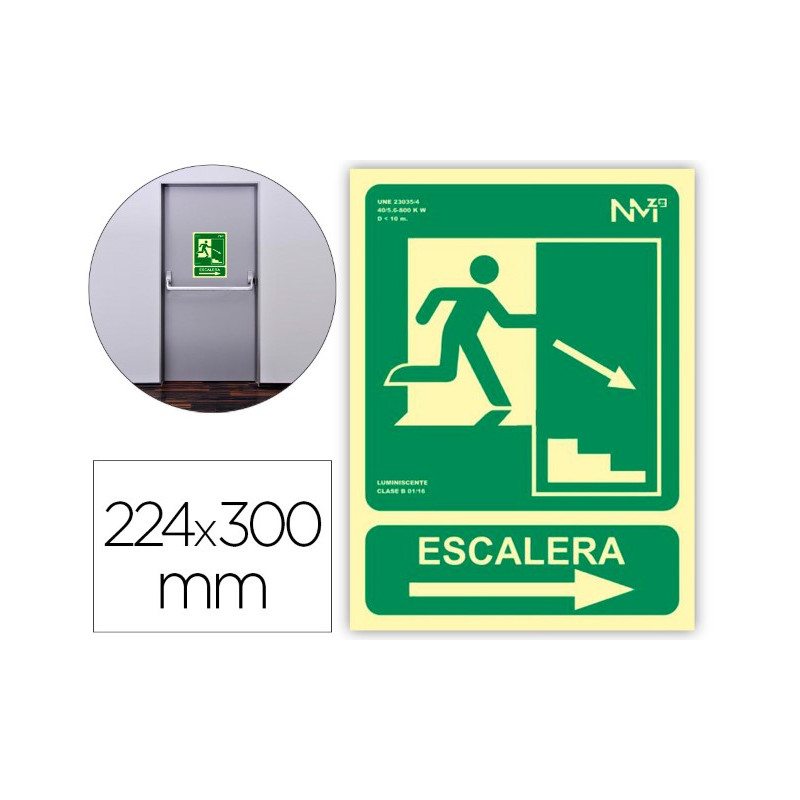 PICTOGRAMA ARCHIVO 2000 SALIDA EMERGENCIA ESCALERA BAJA DERECHA PVC VERDE LUMINISCENTE 224X300 MM