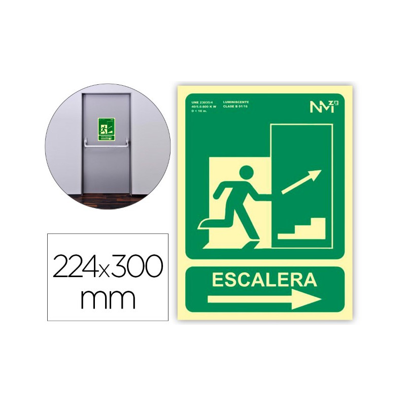 PICTOGRAMA ARCHIVO 2000 SALIDA EMERGENCIA ESCALERA SUBE DERECHA PVC VERDE LUMINISCENTE 224X300 MM