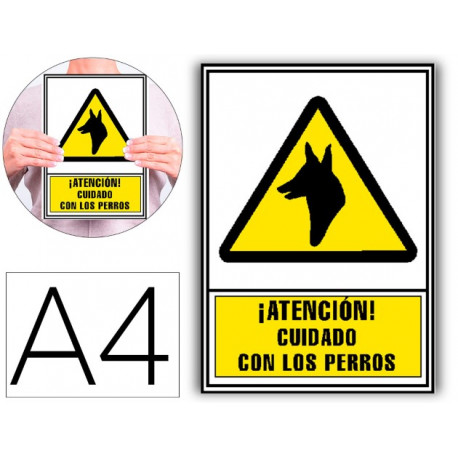 PICTOGRAMA ARCHIVO 2000 ATENCION CUIDADO CON LOS PERROS PVC AMARILLO LUMINISCENTE 210X297 MM