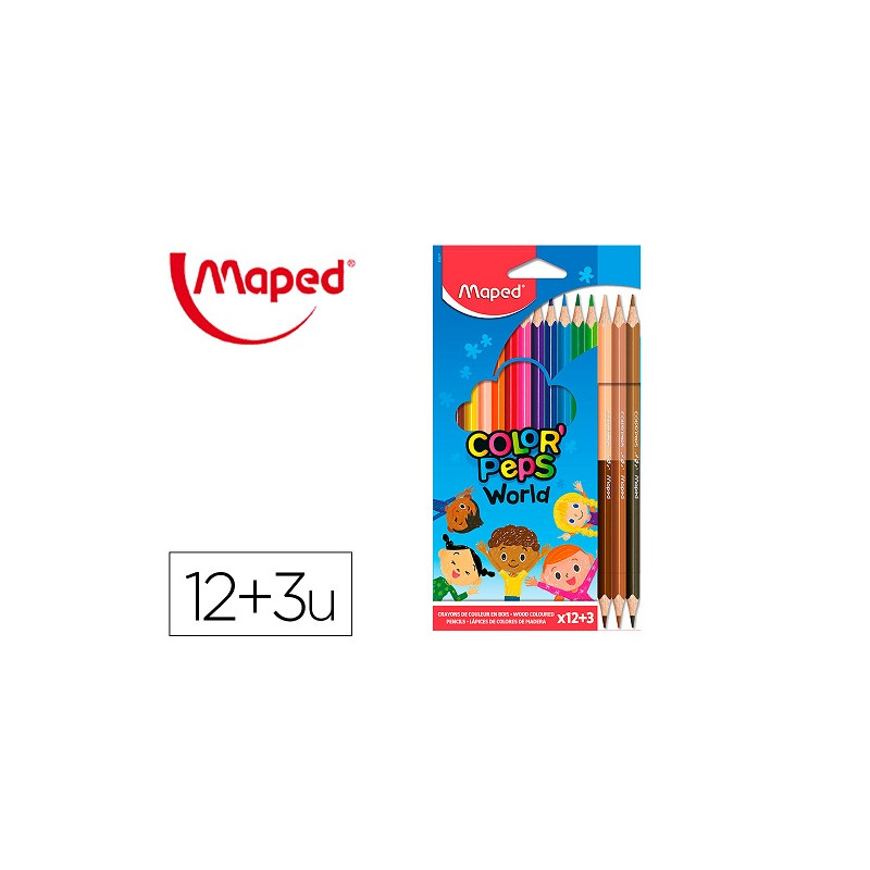 LAPICES DE COLORES MAPED COLOR PEPS WORLD CAJA DE 12 COLORES SURTIDOS + 3 DUO TONOS DE PIEL