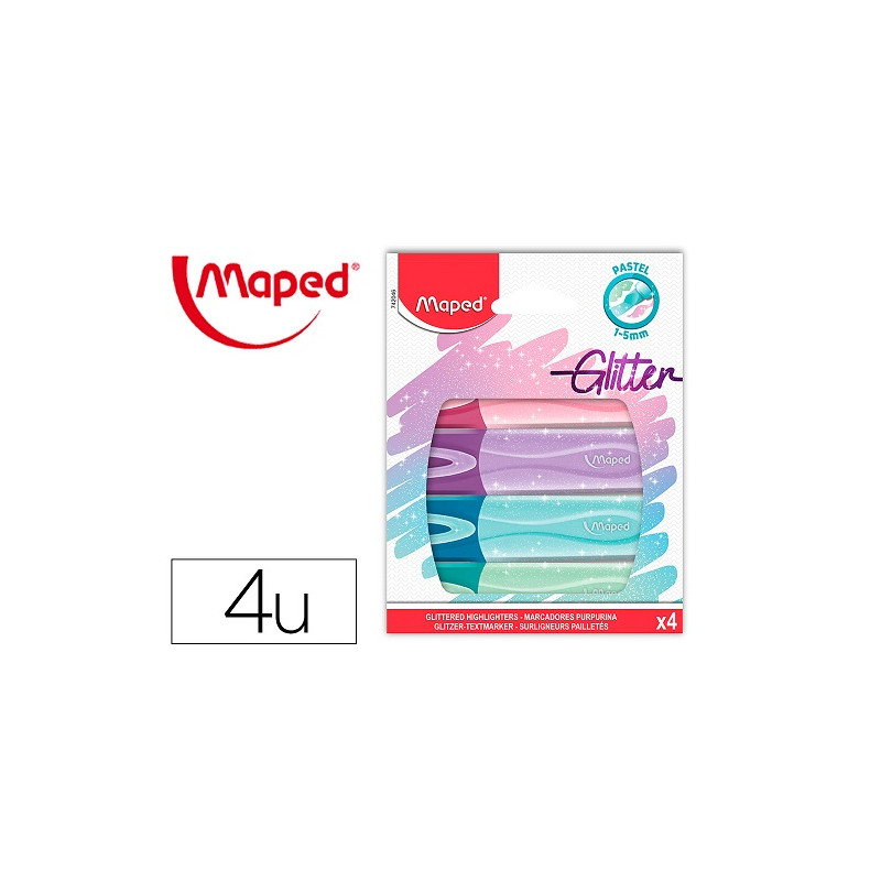 ROTULADOR MAPED FLUORESCENTE PEPS PASTEL CON GLITTER ESTUCHE DE 4 UNIDADES COLORES SURTIDOS