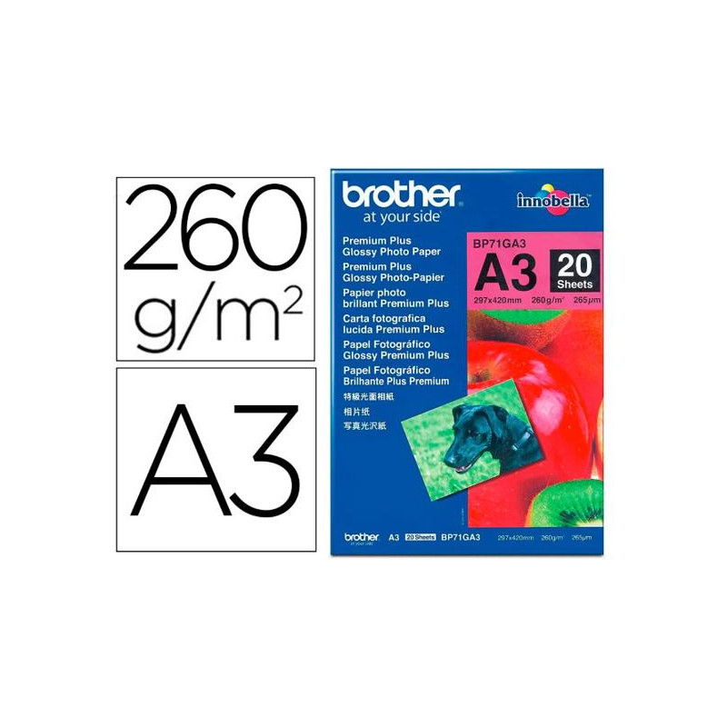 PAPEL FOTOGRAFICO BROTHER PREMIUM PLUS BRILLO DIN A3 260G/M2 INK-JET PACK DE 20 HOJAS