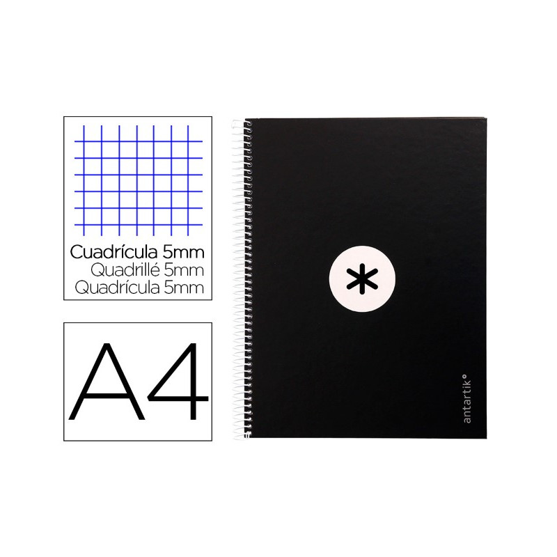 CUADERNO ESPIRAL A4 MICRO ANTARTIK TAPA FORRADA 80H 90 GR CUADRO 5MM 1 BANDA 4 TALADROS NEGRO