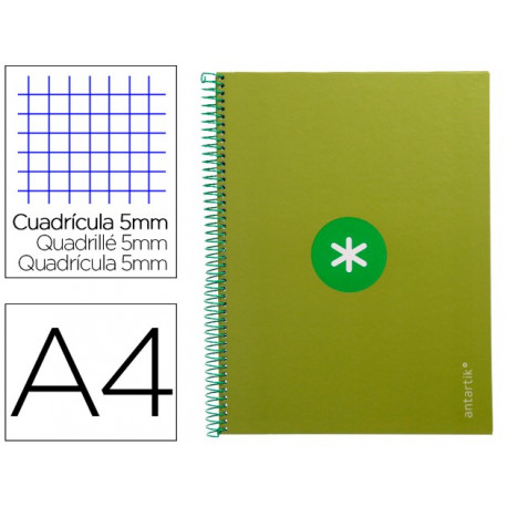 CUADERNO ESPIRAL A4 MICRO ANTARTIK TAPA FORRADA 80H 90 GR CUADRO 5MM 1 BANDA 4 TALADROS VERDE