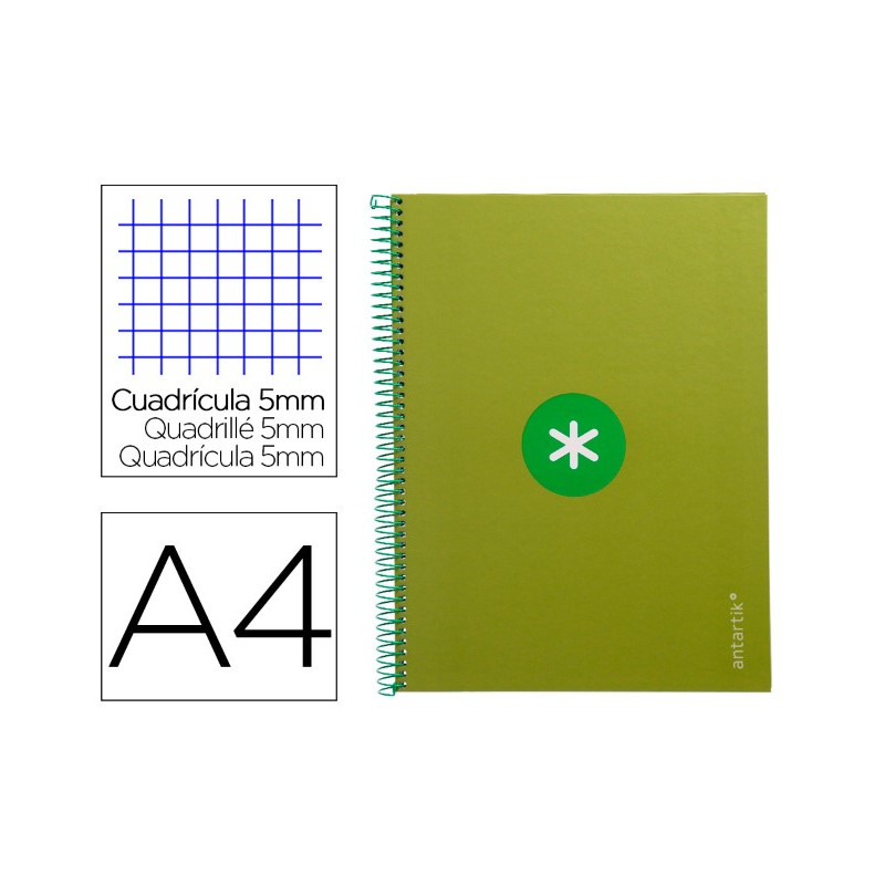 CUADERNO ESPIRAL A4 MICRO ANTARTIK TAPA FORRADA 80H 90 GR CUADRO 5MM 1 BANDA 4 TALADROS VERDE