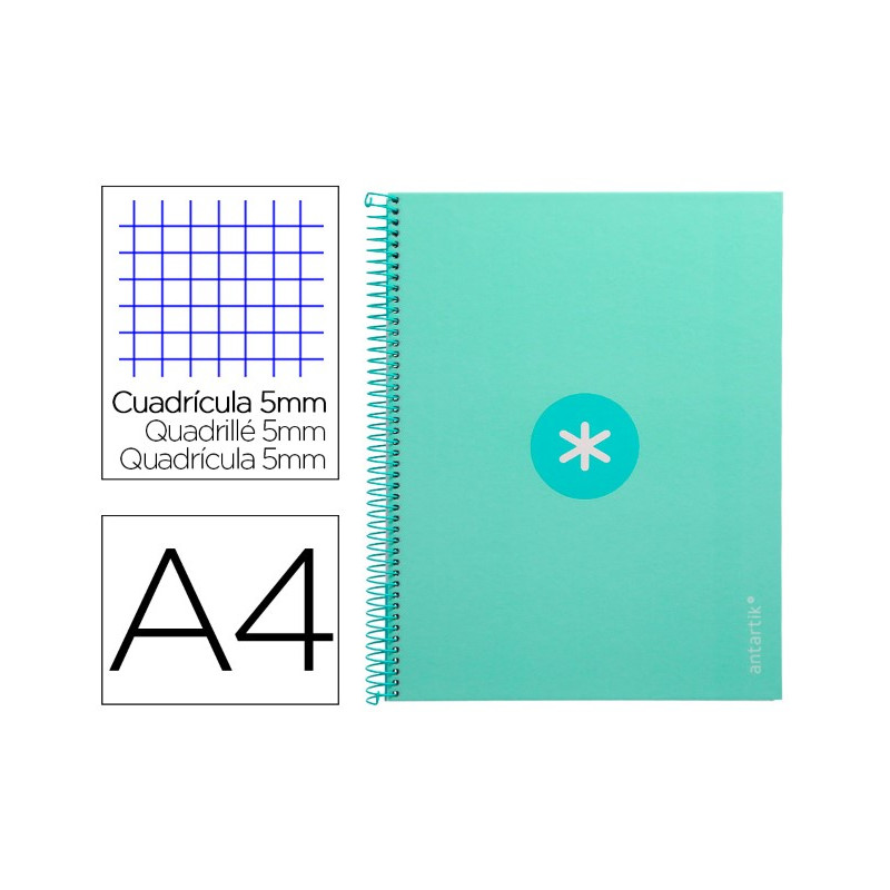 CUADERNO ESPIRAL A4 MICRO ANTARTIK TAPA FORRADA 80H 90 GR CUADRO 5MM 1 BANDA 4 TALADROS MENTA