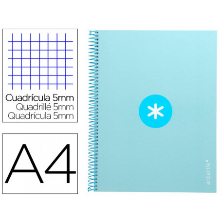 CUADERNO ESPIRAL A4 MICRO ANTARTIK TAPA FORRADA 80H 90 GR CUADRO 5MM 1 BANDA 4 TALADROS CELESTE