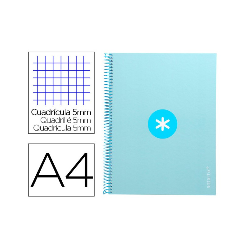 CUADERNO ESPIRAL A4 MICRO ANTARTIK TAPA FORRADA 80H 90 GR CUADRO 5MM 1 BANDA 4 TALADROS CELESTE