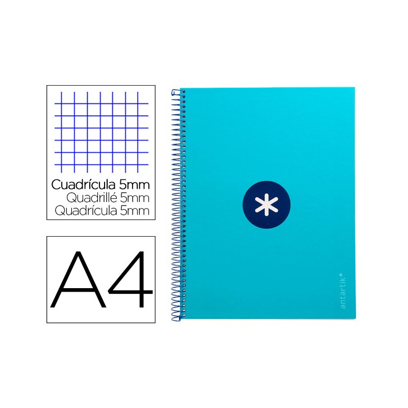 CUADERNO ESPIRAL A4 MICRO ANTARTIK TAPA FORRADA 80H 90 GR CUADRO 5MM 1 BANDA 4 TALADROS TURQUESA