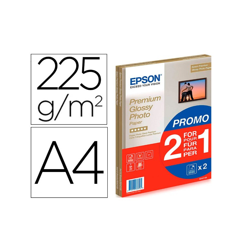 PAPEL FOTOGRAFICO EPSON PREMIUN GLOSSY PHOTO SATINADO DIN A4 PROMO 2 X 15 HOJAS 225 GR