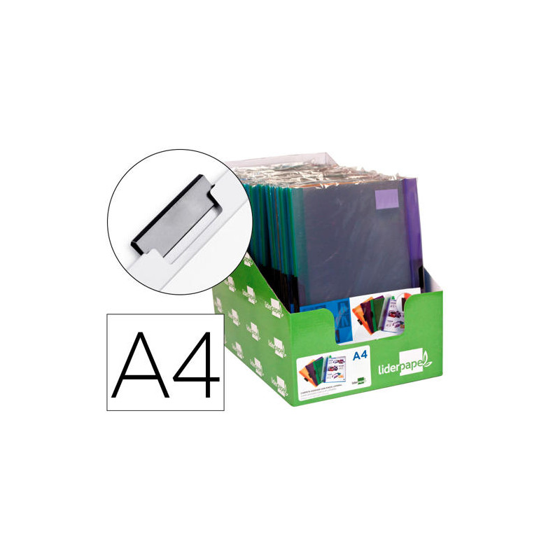 CARPETA LIDERPAPEL DOSSIER PINZA LATERAL POLIPROPILENO DIN A4 30 HOJAS PACK DE 4 COLORES SURTIDOS