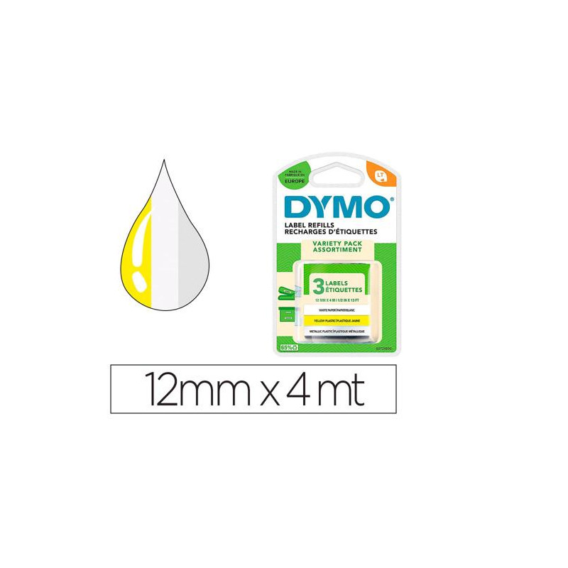 CINTA DYMO METALIZADA LETRATAG 12MM X 4MT PAPEL BLANCO / PLASTICO AMARILLO / METALICA PLATA PACK DE 