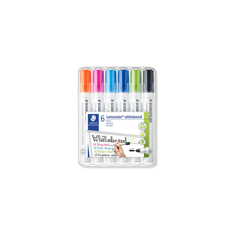 ROTULADOR STAEDTLER LUMOCOLOR 351 PARA PIZARRA BLANCA PUNTA REDONDA 2 MM RECARGABLE ESTUCHE 6 UNIDAD