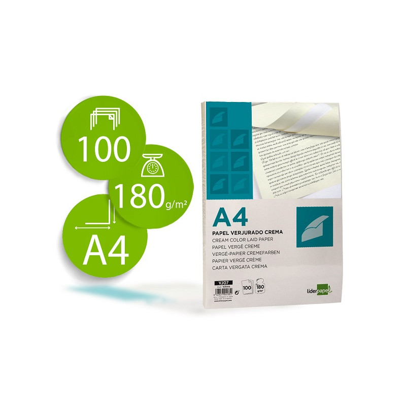 PAPEL VERJURADO LIDERPAPEL A4 180G/M2 CREMA PAQUETE DE 100 HOJAS