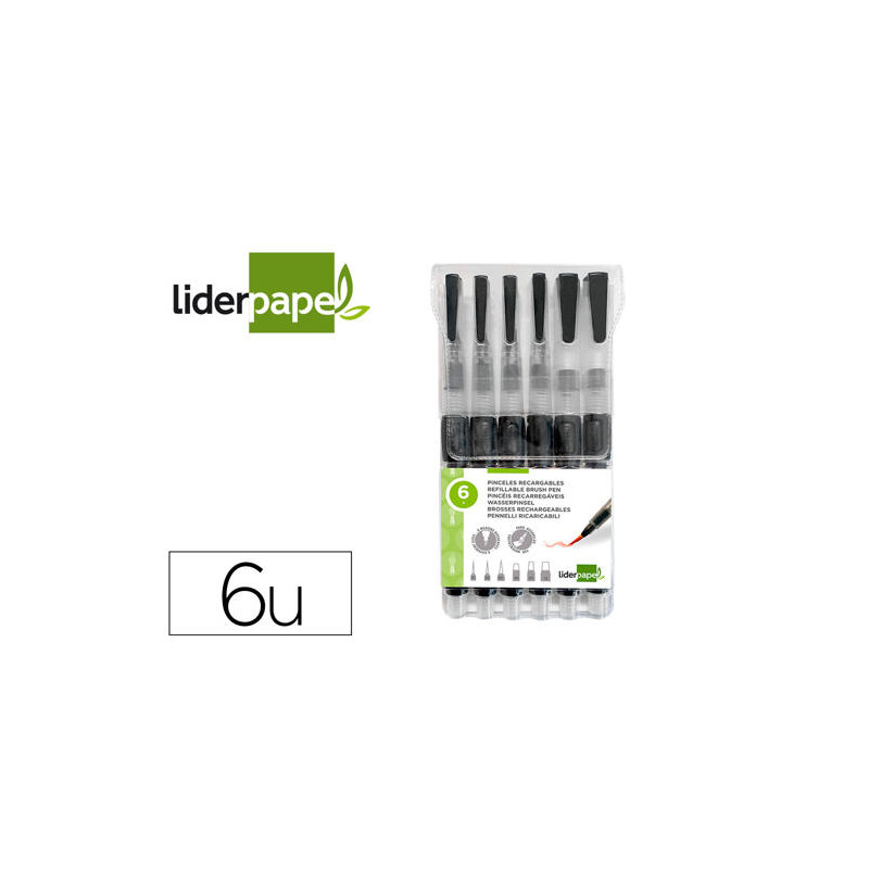 PINCEL LIDERPAPEL RECARGABLE PARA PRODUCTOS ACUARELABLES SET DE 6 UNIDADES GROSOR PUNTAS SURTIDAS