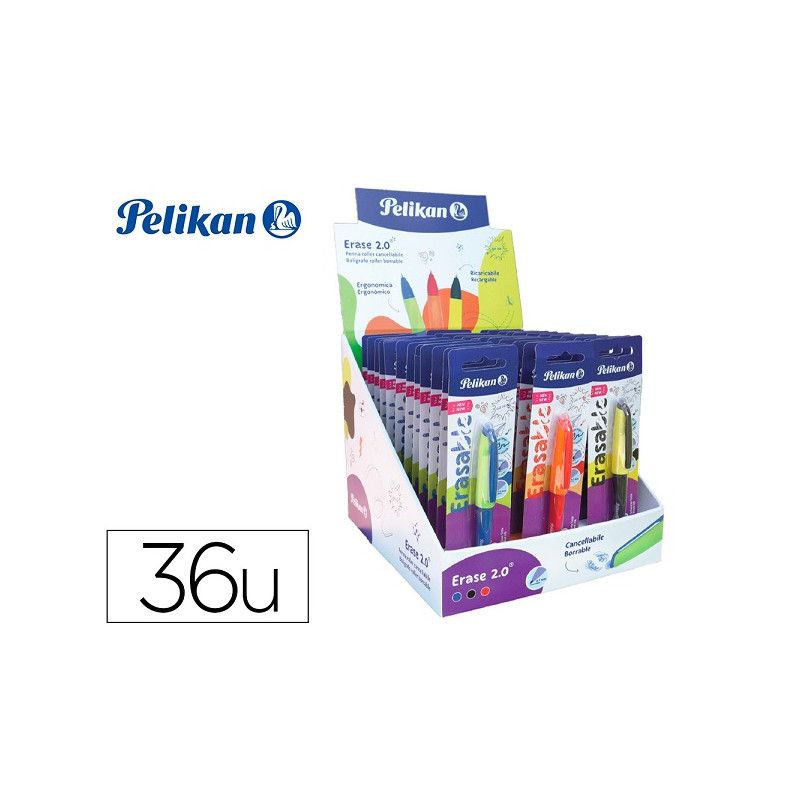 EXPOSITOR PELIKAN SOBREMESA ERASE 2.0 CONTENIDO 60 ROLLERS COLORES SURTIDOS Y 36 RECAMBIOS COLORES S