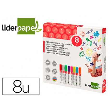 ROTULADOR LIDERPAPEL TIZA LIQUIDA PUNTA REDONDA TRAZO 6 MM CAJA DE 8 UNIDADES COLORES SURTIDOS