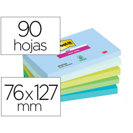 BLOC DE NOTAS ADHESIVAS QUITA Y PON POST-IT SUPER STICKY OASIS 76X127 PACK 5 UNIDADES 90 HOJAS 100% 