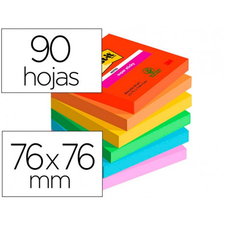 BLOC DE NOTAS ADHESIVAS QUITA Y PON POST-IT SUPER STICKY PLAYFUL 76X76 MM 90 HOJAS 100% PEFC PACK DE