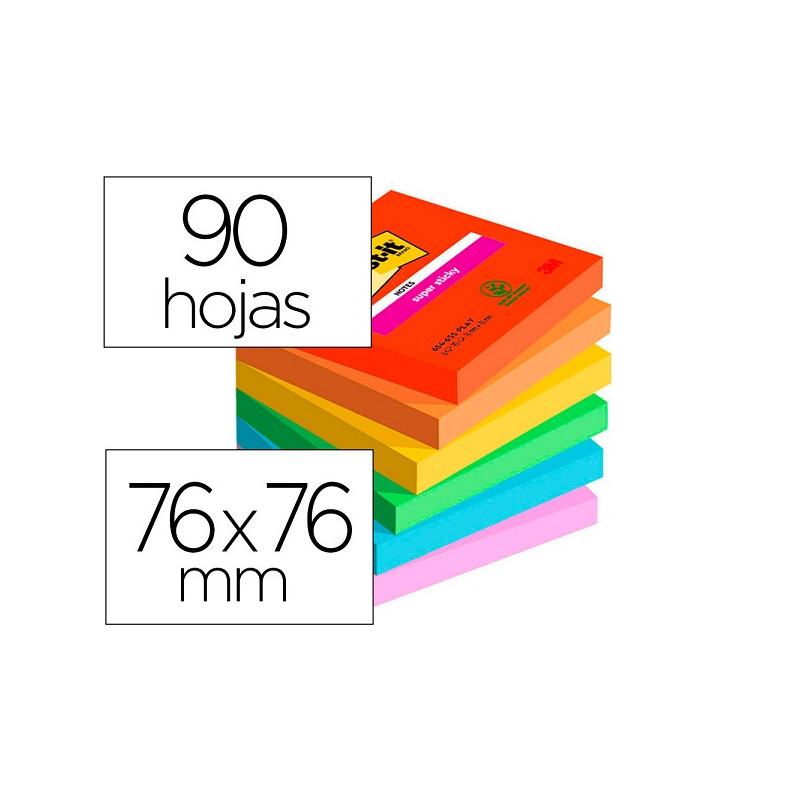 BLOC DE NOTAS ADHESIVAS QUITA Y PON POST-IT SUPER STICKY PLAYFUL 76X76 MM 90 HOJAS 100% PEFC PACK DE