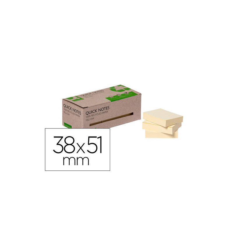 BLOC DE NOTAS ADHESIVAS QUITA Y PON Q-CONNECT 38X51 MM 100% PAPEL RECICLADO AMARILLO EN CAJA DE CART